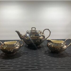 Vintage Pearl China Co. platinum etched rose~tea pot, sugar bowl and creamer